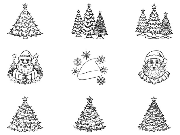 Un conjunto de imágenes de un muñeco de nieve y un árbol de Navidad