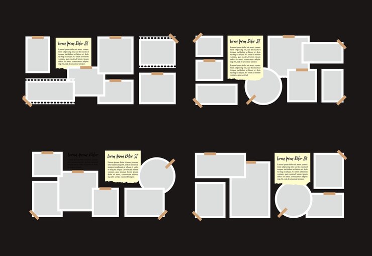 Vector conjunto de imágenes o fotogramas de collage y plantilla de pared de fotos digitales