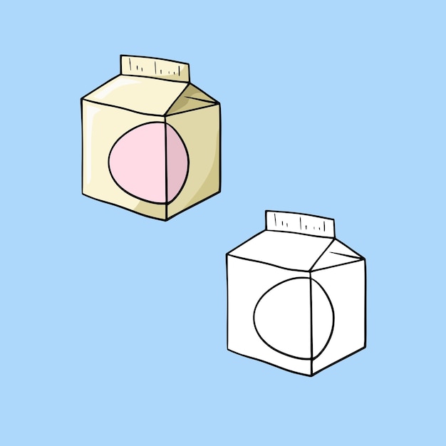 Un conjunto de imágenes, un pequeño paquete cuadrado de kéfir de leche, un espacio para copiar dibujos animados vectoriales