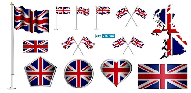 Conjunto de imágenes prediseñadas de bandera de Reino Unido aislado con varios distintivos