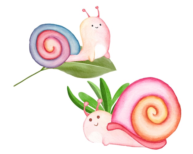 Conjunto de imágenes prediseñadas de caracol de acuarela, ilustración de caracol de jardín lindo