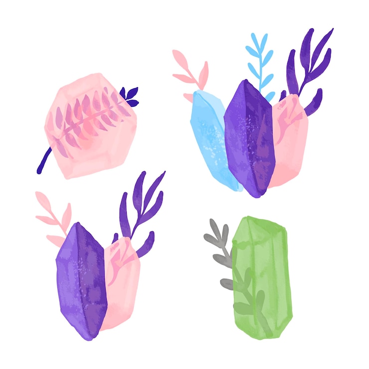 Vector conjunto de imágenes prediseñadas de cristales de acuarela con elementos florales