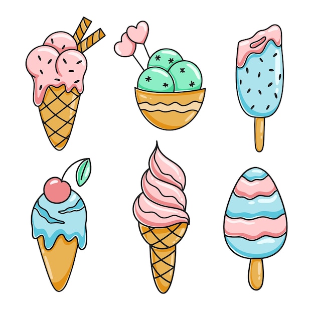 Conjunto de imágenes prediseñadas de dibujos animados de helado. Colección postre frío lácteo dibujado a mano