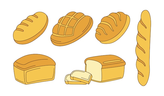 Conjunto de imágenes prediseñadas de dibujos animados de panadería. pan de centeno, pan integral y pan de trigo y baguette francés, croquis ciabatta