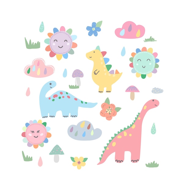 Vector conjunto de imágenes prediseñadas de dinosaurios brillantes linda ilustración divertida para decoración de niños dinosaurios dibujados a mano de vector