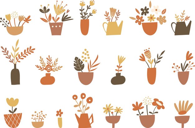 Conjunto de imágenes prediseñadas de elementos y jarrones florales. Ilustración vectorial.