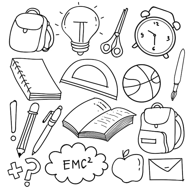 Conjunto de imágenes prediseñadas de escuela dibujadas a mano. Iconos y símbolos de la escuela del doodle del vector en estilo del doodle, ilustración del vector