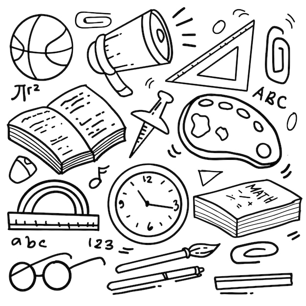 Conjunto de imágenes prediseñadas de escuela dibujadas a mano. Iconos y símbolos de la escuela del doodle del vector en estilo del doodle, ilustración del vector
