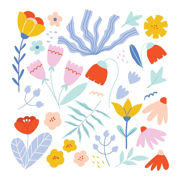 Vector conjunto de imágenes prediseñadas florales hojas y flores coloridas elementos de diseño vectorial