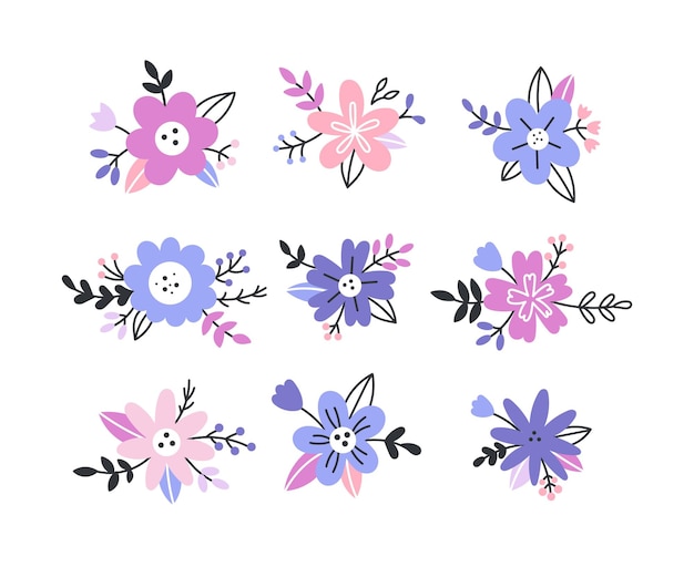 Vector un conjunto de imágenes prediseñadas con flores y hojas. ilustración de garabatos de primavera y verano para niños