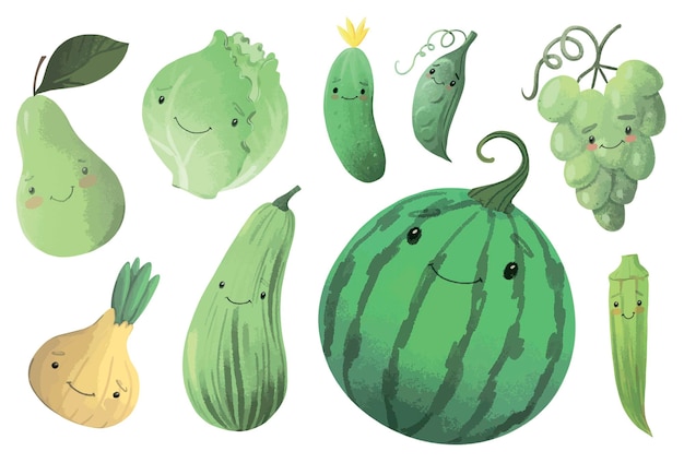Vector conjunto de imágenes prediseñadas de frutas y verduras lindas acuarela verde