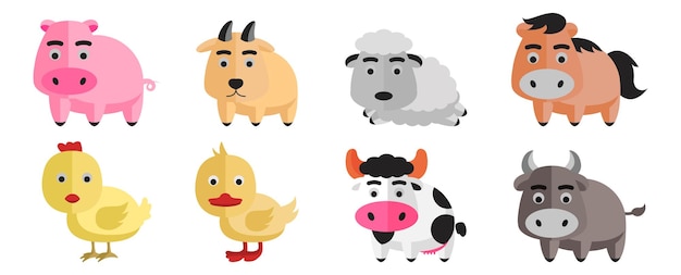 Conjunto de imágenes prediseñadas de ganado con lindo diseño ilustración vectorial