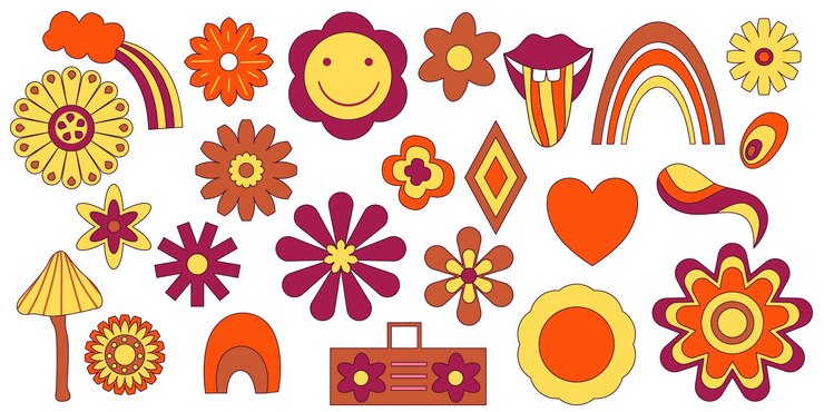 Vector conjunto de imágenes prediseñadas groovy hippie con labio de arco iris de flores aislado sobre fondo blanco ilustración de arte de vector de margarita de flor feliz retro ilustración de vector aislado