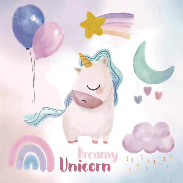 Conjunto de imágenes prediseñadas de ilustración de unicornio acuarela