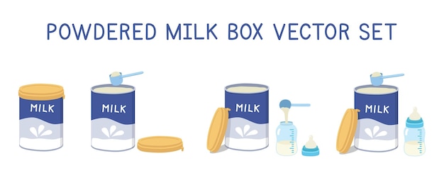 Conjunto de imágenes prediseñadas de leche en polvo para bebés en lata de aluminio con cuchara o estilo de dibujos animados de vector plano de cuchara