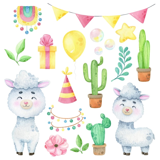 Vector conjunto de imágenes prediseñadas de llama feliz acuarela