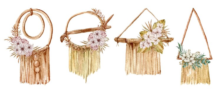 Vector conjunto de imágenes prediseñadas de macramé de boda bohemia pintada a mano en acuarela paquete de ilustración de decoración floral boho