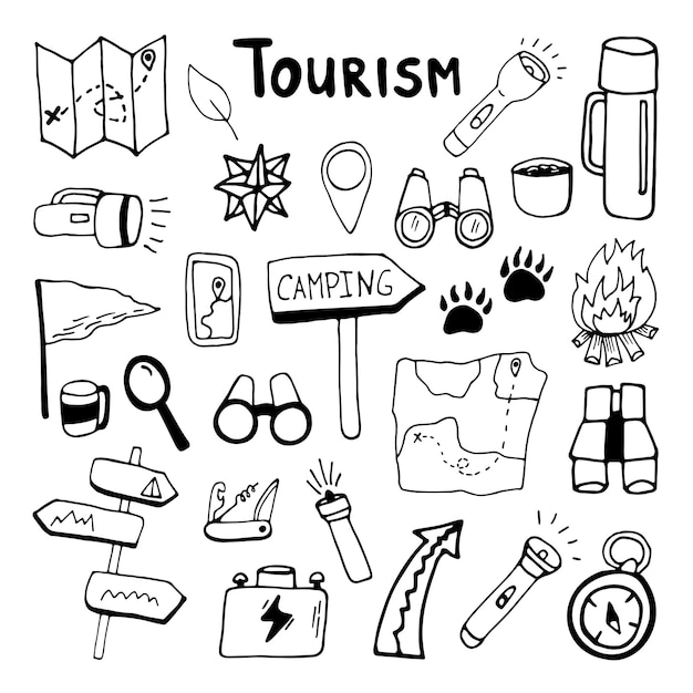 Conjunto de imágenes prediseñadas de navegación camping vector dibujado a mano grande diseño de viajes