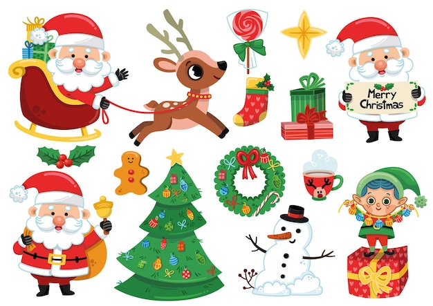 Conjunto de imágenes prediseñadas de Navidad. Elementos de diseño de Santa y Navidad. Imágenes Prediseñadas vectoriales.