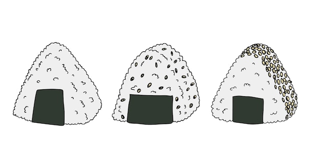 Conjunto de imágenes prediseñadas de onigiri dibujadas a mano comida rápida japonesa hecha de arroz Bola de arroz en alga nori