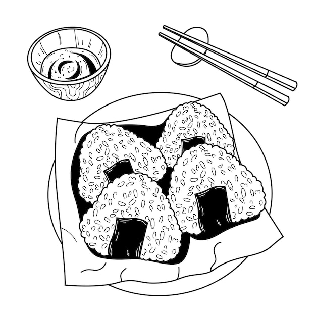 Conjunto de imágenes prediseñadas de onigiri dibujadas a mano Comida rápida japonesa hecha de arroz Bola de arroz en algas nori