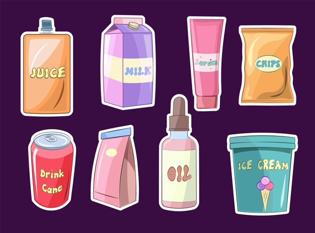 conjunto de imágenes prediseñadas de pegatinas de paquetes de comida rápida y cosméticos