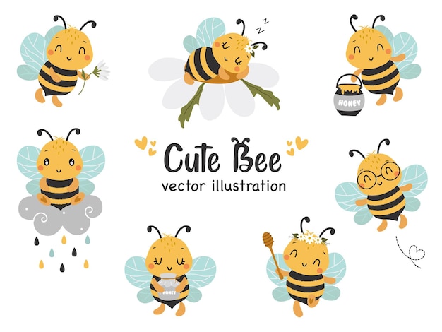 Conjunto de imágenes prediseñadas para la primavera con kawaii Cute Bee Cartoon animales vector ilustración Pegatinas de abeja