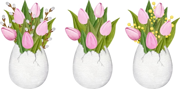 Conjunto de imágenes prediseñadas de ramos de tulipanes en jarrones de cáscara de huevo. Colección de flores de pascua y primavera dibujadas a mano en acuarela