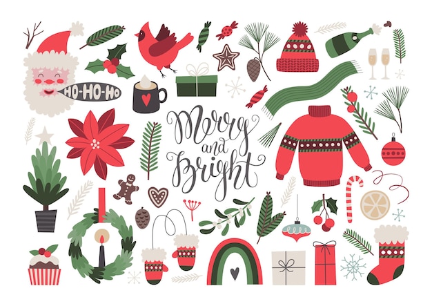 Conjunto de imágenes prediseñadas de vector de navidad feliz y brillante plantilla de tarjeta de felicitación de navidad de letras