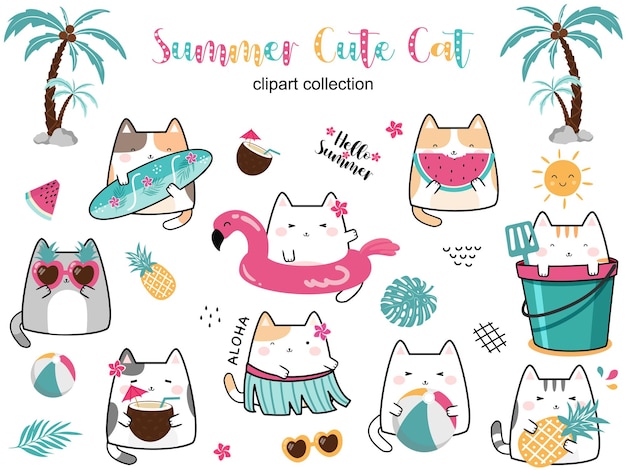 Conjunto de imágenes prediseñadas para el verano con kawaii Cute Cat Ilustración de vector de dibujos animados plana Pegatinas de gato