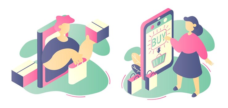 Vector un conjunto de imágenes que muestran el proceso de compra de productos en una tienda en línea una mujer hace un pedido a través de un teléfono móvil un hombre entrega productos en cajas ilustración vectorial isométrica