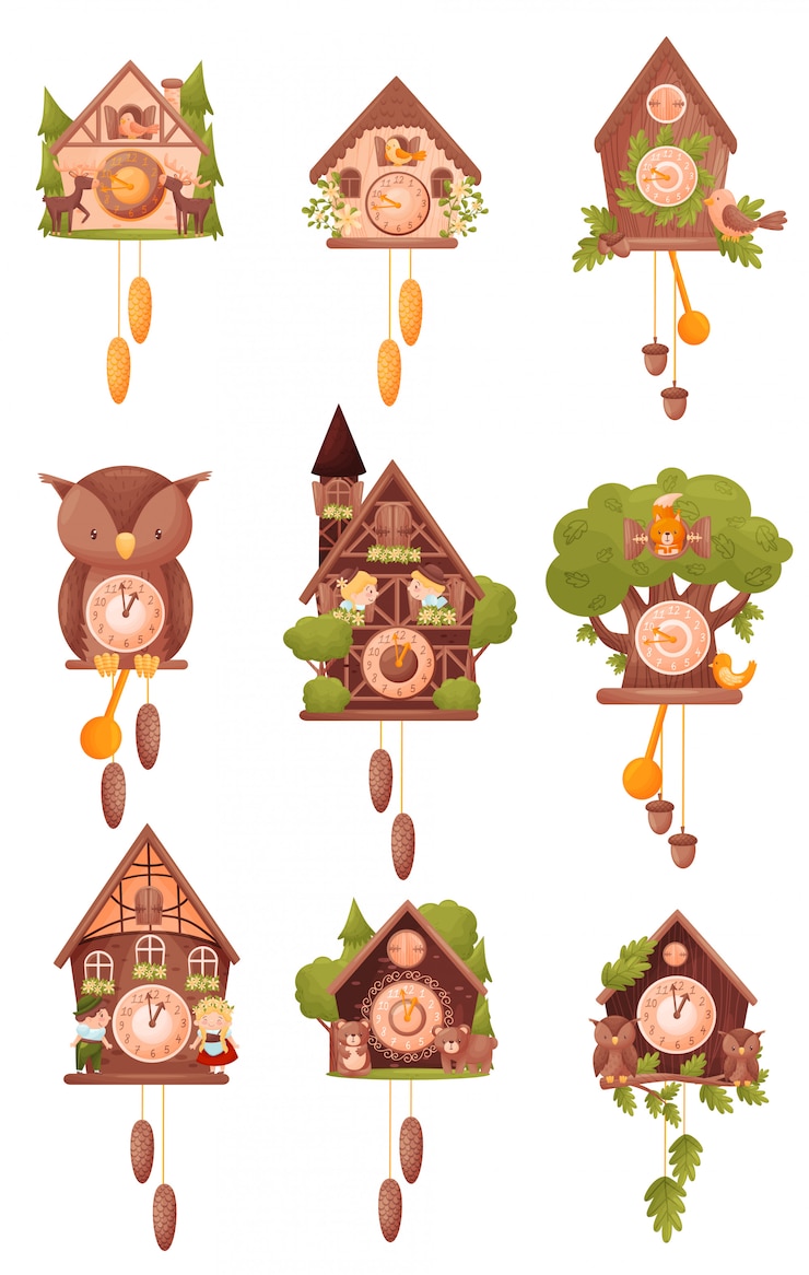 Vector conjunto de imágenes de relojes de pared en forma de casas. ilustración vectorial