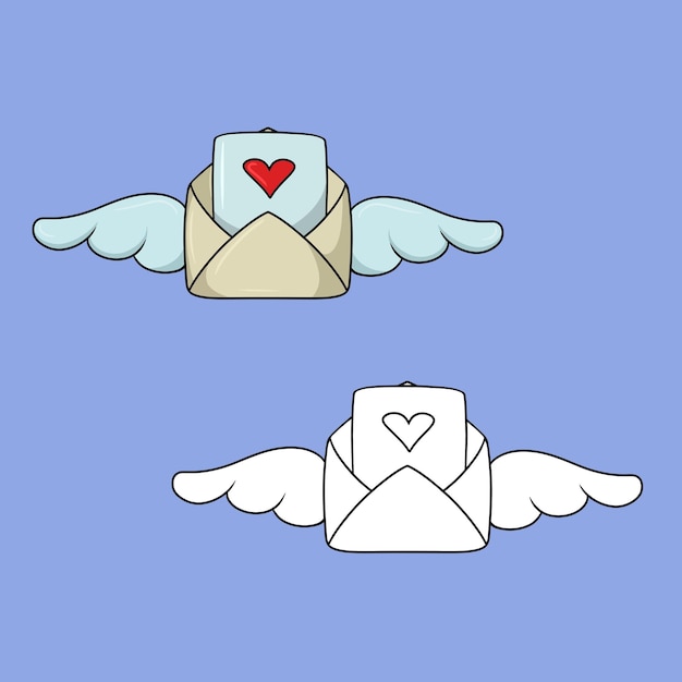 Un conjunto de imágenes un sobre romántico con alas para una declaración de dibujos animados de vector de amor