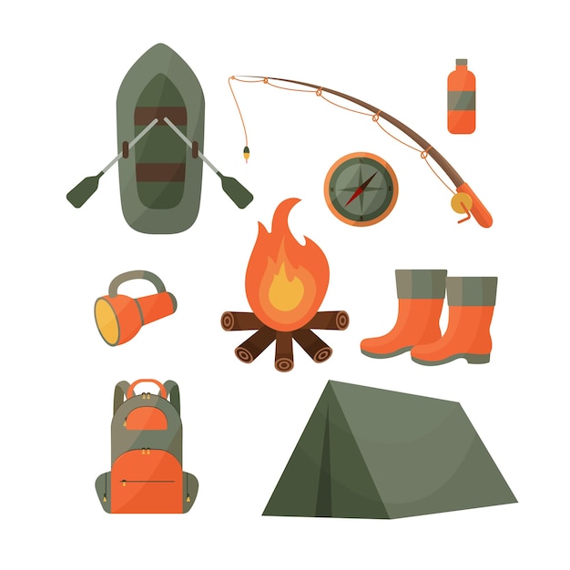 Un conjunto de imágenes sobre el tema del turismo, viajes, pesca, recreación al aire libre. Compuesto por carpa, caña de pescar, fuego. Una brújula, una mochila, un bote, y también botas y una linterna. Ilustración vectorial.