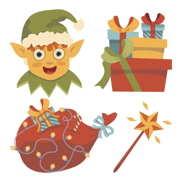 Vector conjunto de imágenes vectoriales bolsa de regalos de elfo de navidad de navidad con regalos varita mágica año nuevo