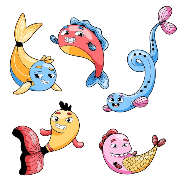 Conjunto de imágenes vectoriales de cinco peces dibujados al estilo de dibujos animados de colores diferentes