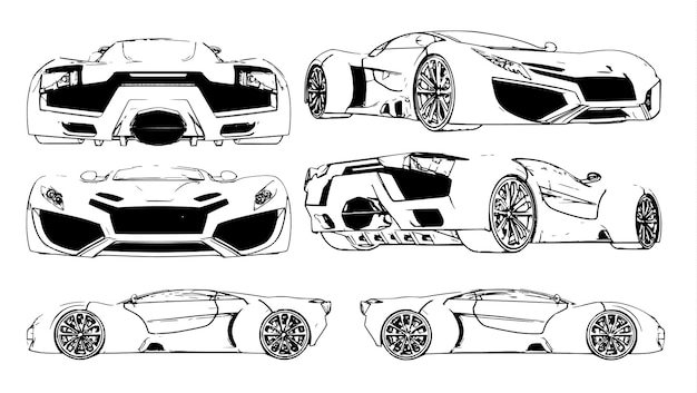 Conjunto de imágenes vectoriales de un coche deportivo conceptual. especies de diferentes lados.