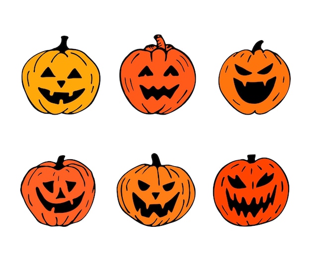 conjunto de imágenes vectoriales dibujadas a mano calabazas de Halloween de color naranja