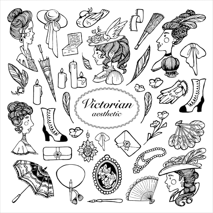 Vector conjunto de imágenes vectoriales sobre el tema de la época victorianaretratos de niñas accesorios y otros