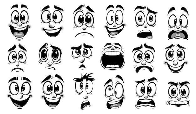 un conjunto de imágenes vectoriales de varias emociones de dibujos animados en blanco y negro
