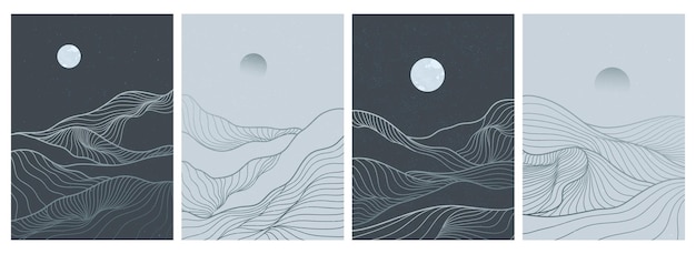 Conjunto de impresión de arte de línea moderna minimalista creativa. Paisajes de fondos de estética contemporánea de montaña abstracta. con montaña, bosque, mar, horizonte, ola