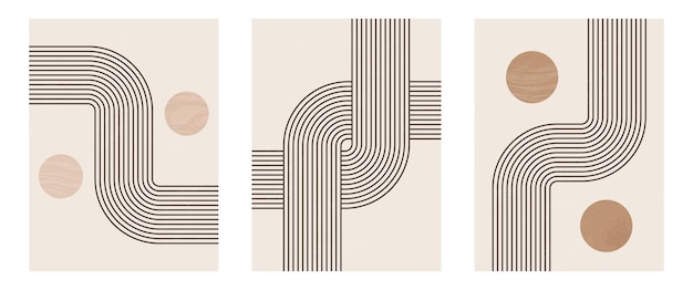 Conjunto de impresión de arte minimalista moderno de mediados de siglo con forma natural orgánica. fondo estético contemporáneo abstracto con línea negra geométrica mínima en beige. decoración de pared boho.