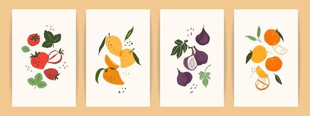 Conjunto de impresiones artísticas Frutas abstractas Diseño moderno para carteles, tarjetas, cubiertas, camisetas y otros usos.