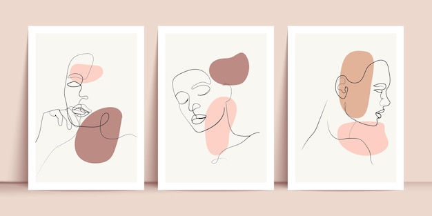 Conjunto de impresiones de dibujo de una línea de mujer. Rostro femenino creativo dibujo lineal abstracto contemporáneo. Figura femenina de moda de belleza. Diseño minimalista vectorial para arte de pared, impresión, tarjeta, cartel.