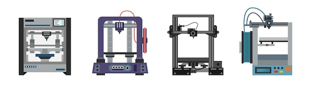 Conjunto de impresoras 3D aisladas sobre un fondo blanco concepto 3D concepto tecnológico