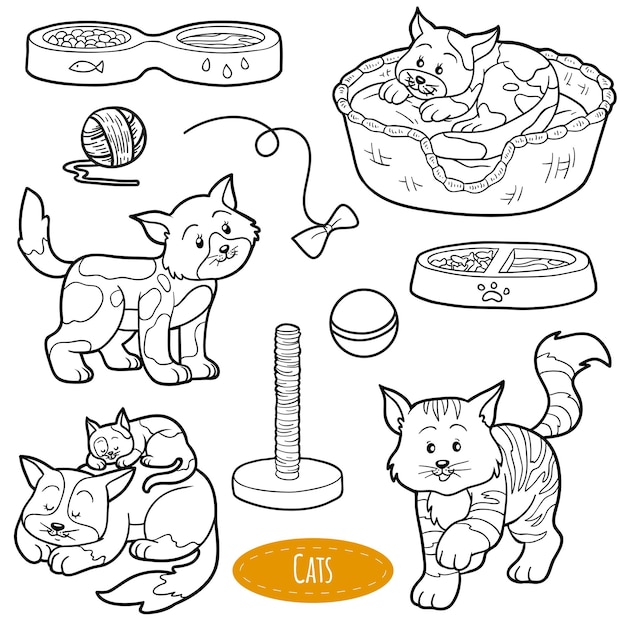 Vector conjunto incoloro de lindos animales domésticos y objetos vectoriales gatos familiares