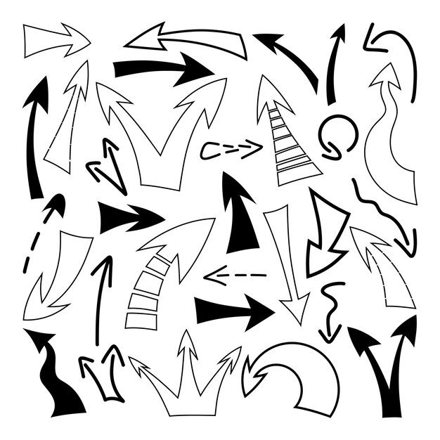 Un conjunto de indicadores de dirección de flechas aisladas Ilustración vectorial en blanco y negro dibujada a mano