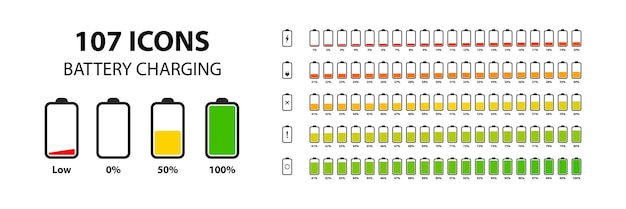 Conjunto de indicadores de nivel de batería verticales en vector de porcentaje Símbolos de indicador de batería 0100 por ciento