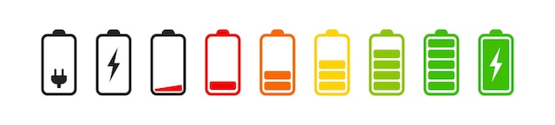 Conjunto de indicadores de nivel de batería verticales en vector de porcentaje símbolos de indicador de batería 0100 por ciento