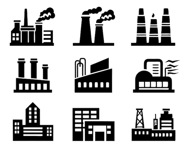 conjunto de industria y icono de fábrica trabajo mecánico transportador de energía concepto de maquinaria de contaminación